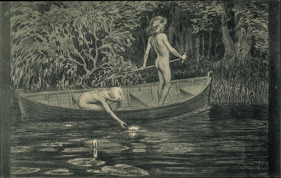 Kunstenaarskaart Fidus, waterlelies, kinderen, boot