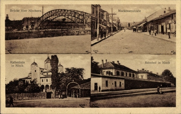 Ak Joegoslavië Servië, brug over Nischawa, treinstation in Nisch, kathedraal, Mackensenstraße
