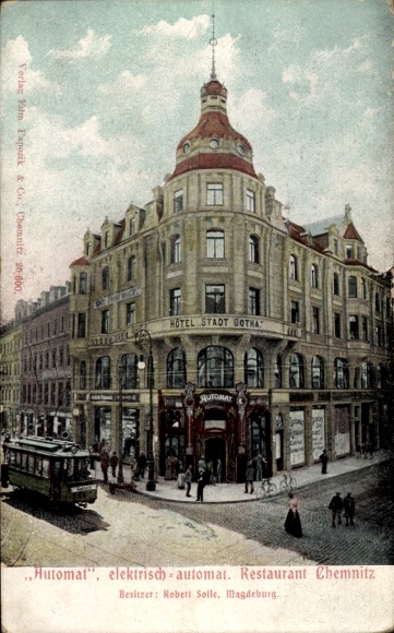 Postcard Chemnitz in Saxony, Hotel Stadt Gotha, Automat Restaurant, Tram