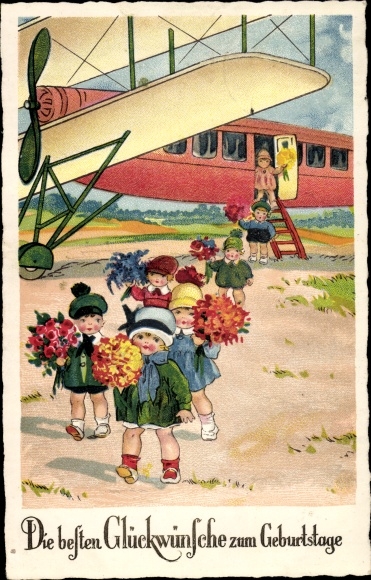 Postcard congratulations birthday, children, bouquets, airplane