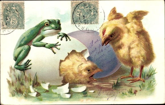 Chromo-Litho Happy Easter, hatching chick, frog