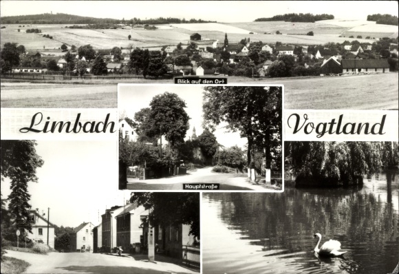 Postcard Limbach im Vogtland, panorama of the village, main street, swan pond