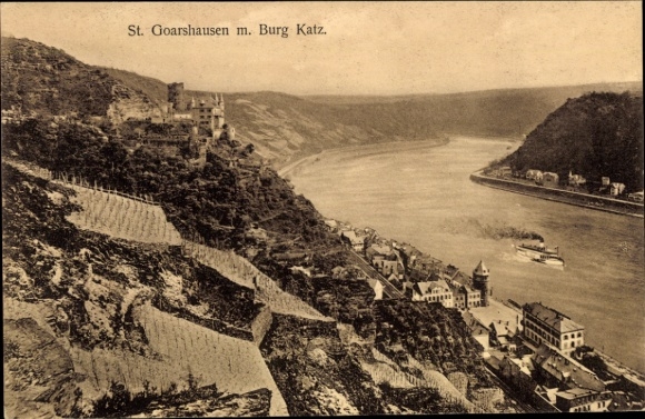 Ak St. Goarshausen am Rhein,  Burg Katz, Rheinlandschaft, Schiffe