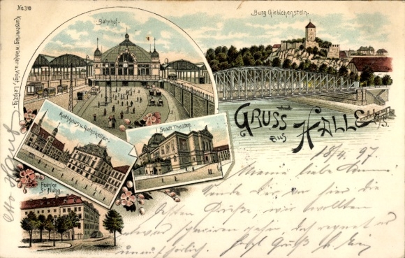 Chromo-Litho Halle an der Saale, train station, Burg Giebichenstein, theater, town hall, Franke Foundation