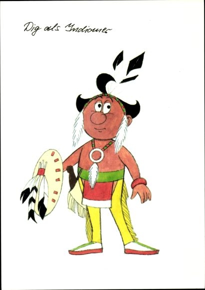 Postcard Digedag, feather, comic, protective shield, folk types from North America