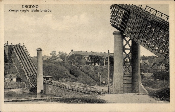 KP Hrodna Grodno Białoruś, zniszczony most kolejowy, most, architektura, krajobraz