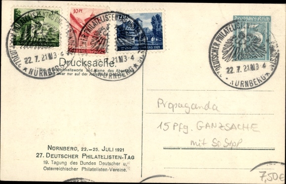 Postal stationery coat of arms PC Nuremberg in Middle Franconia Bavaria, 27th German Philatelic Day 1921