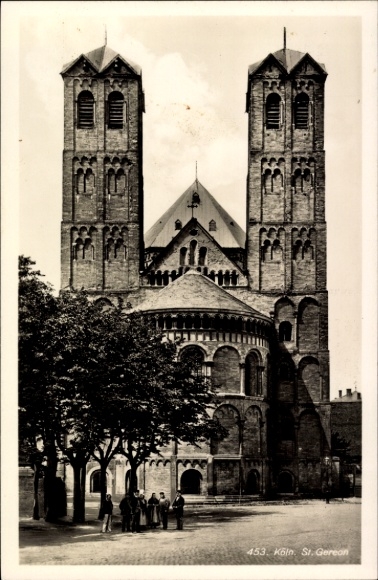 Postcard Cologne Nippes Longerich, Cologne Church St. Gereon, Romanesque architecture, two towers, trees in