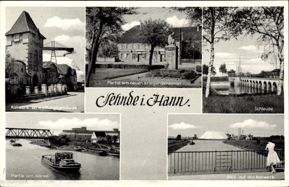 Postcard Sehnde in Lower Saxony, potash mine, war memorial, lock, canal