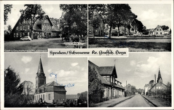 KP Spraken Scharme Dolna Saksonia, zajazd, częściowy widok, kościół, widok na ulicę