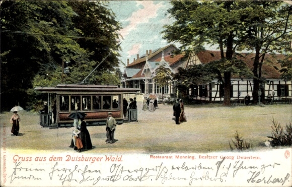 Postcard Duisburg in the Ruhr area, Restaurant Monning, tram