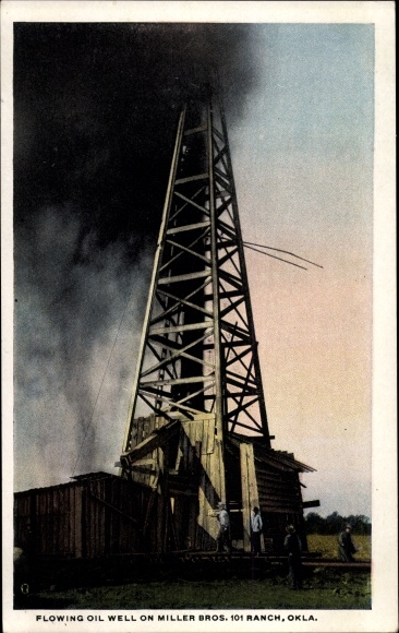 Postcard Oklahoma USA, Flowing oil well on Miller Bros. 101 Ranch