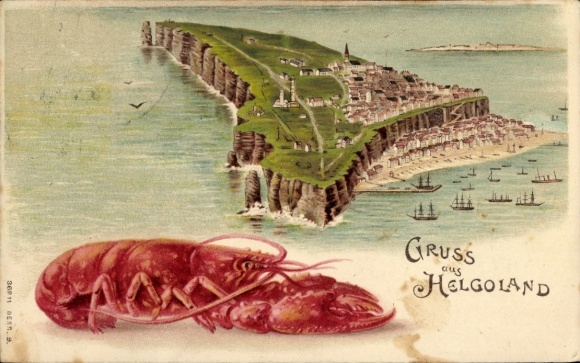 Chromo-Litho North Sea island of Heligoland, total view, lobster