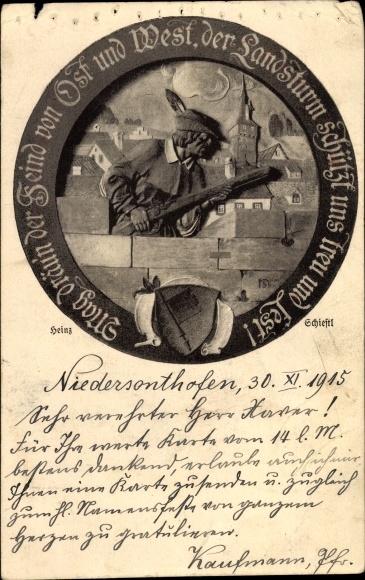 Postcard Relief by Heinz Schiestl, The Landsturm protects us faithfully and firmly
