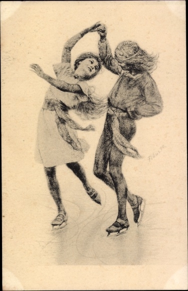 Artist Postcard Fidus, skaters, ice skaters, collotype