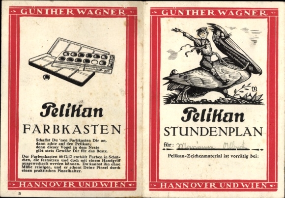 Timetable PELIKAN color box, Günther Wagner Hanover and Vienna, boy on Pelikan around 1920