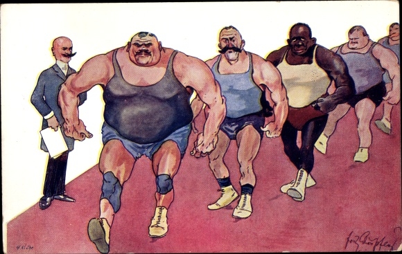 Artist PC Schönpflug, Fritz, wrestlers marching up to the fight, BKWI 492 1