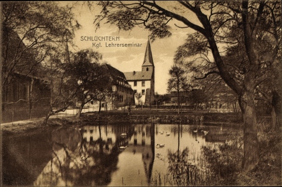 Postcard Schluechtern in the Main Kinzig district, view of the Royal Teachers&#39; Seminary, waters