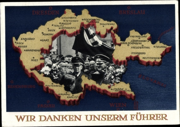 Postal stationery Postcard We thank our leader, Sudetenland, Bohemia, Moravia, Hitler