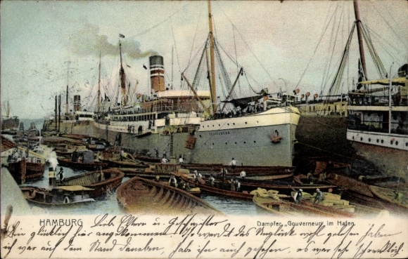 Postcard steamer Gouverneur, Imperial Postal Steamer DOAL, in the port of Hamburg