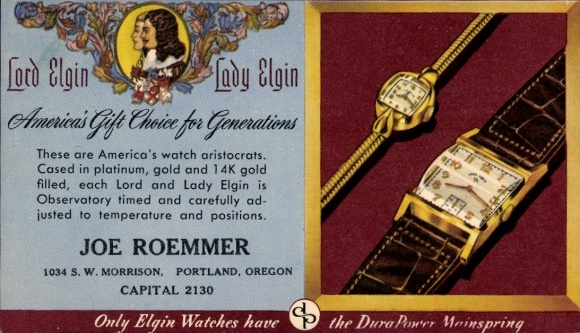 Postcard advertising for Lord and Lady Elgin watches, Joe Roemmer