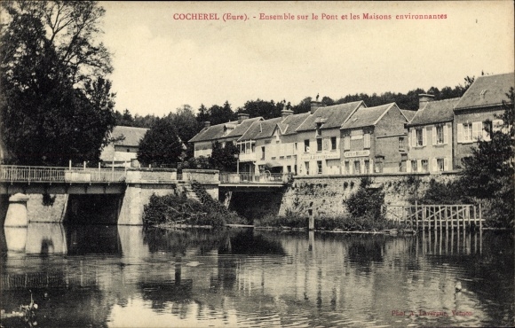 Postcard Cocherel Eure, the Bridge and the Surrounding Houses