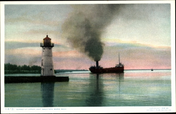 Postcard Sault Sainte-Marie Michigan USA, Sunset in upper light