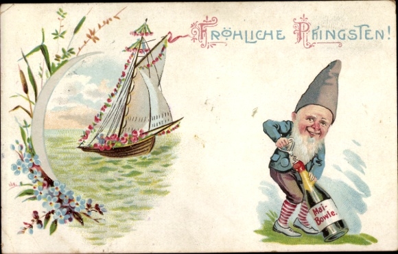 Chromo-Litho Happy Pentecost, dwarf, sailing boat, May punch