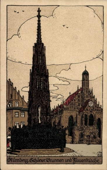 Steindruck Ak Nürnberg in Mittelfranken, Schöner Brunnen, Frauenkirche