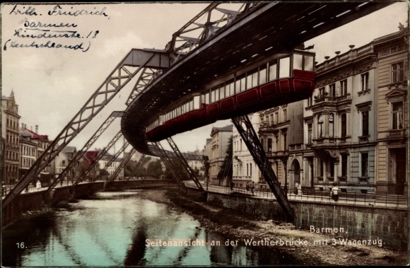 Postcard Barmen Wuppertal in North Rhine-Westphalia, suspension railway at the Wertherbrücke with 3 wagon trains