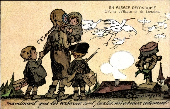 Künstler Ak Marechaux, En Alsace Reconquise, Enfants d'Alsace et de Lorraine, Abschied, Krieg, Grab