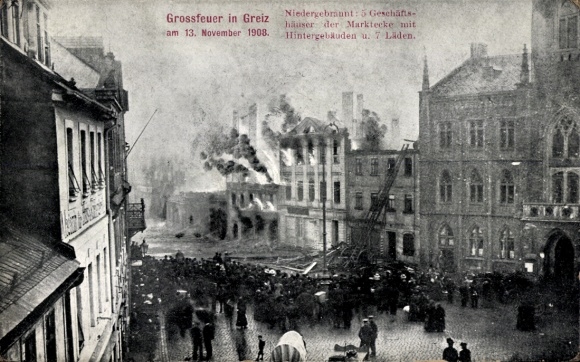 Ak Greiz im Vogtland, Brand am Markt November 1908, Großfeuer