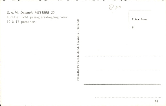 Postcard passenger aircraft GAM Dassault Mystère 20