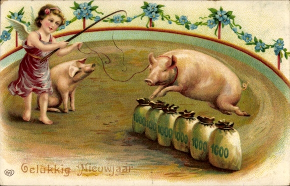 Postcard Happy New Year, Angels, Pigs, Money