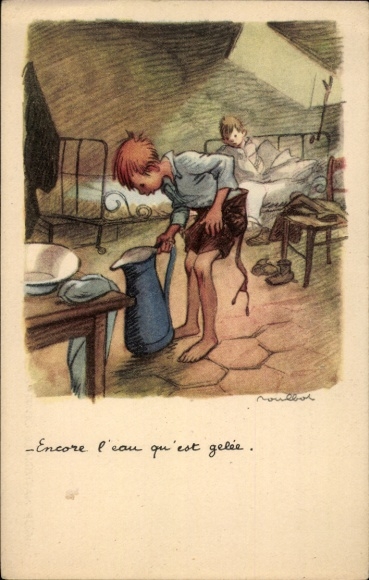 Artist PC Poulbot, Francisque, boys, frozen water in a jug, Ligue Nationale contre le Taudis
