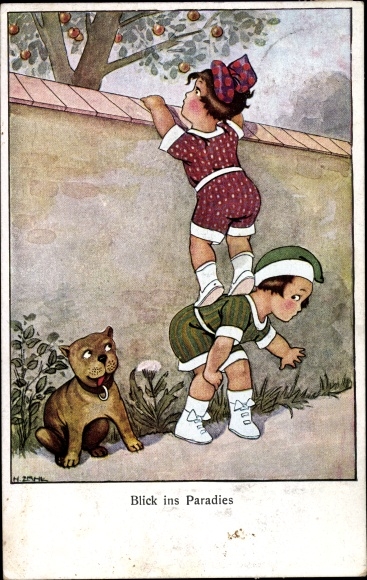 Artist Postcard Zahl, H., view of paradise, children, dog, apple tree