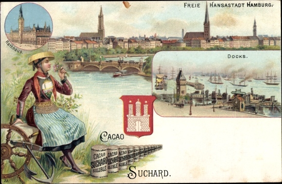 Chromo-Litho Hanseatic City of Hamburg, panorama, town hall, docks, woman in costume, Cacao Suchard