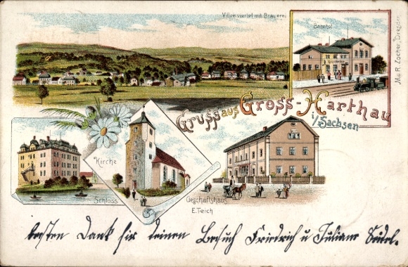 Chromo-Litho Großharthau, E. Teich commercial building, residential area, brewery, castle, church, train station