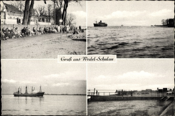 Postcard Schulau Wedel in the district of Pinneberg, ships at sea, investors
