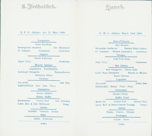 Folding artist menu card, North German Lloyd, steamer Bülow, March 22, 1909, menu