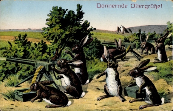 Ak Glückwunsch Ostern, Osterhasen als Soldaten, Maschinengewehr