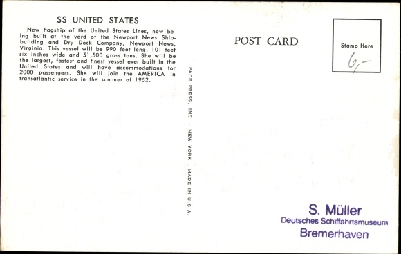 Ak stoomboot SS United States, United States Line, USL