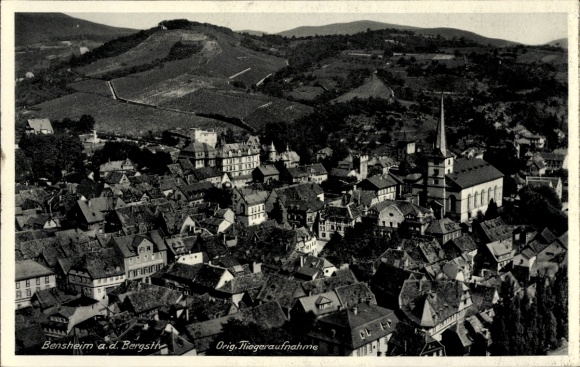Postcard Bensheim on the Bergstraße Hesse, city view, vineyards, church, architecture