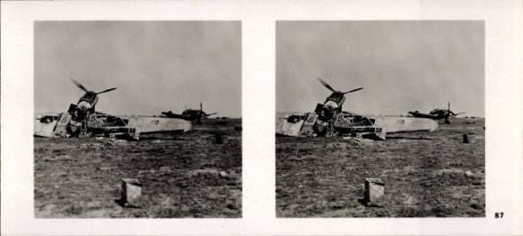 Stereo spatial image photo flying and winning No. 87, destroyed hurricane in Greece