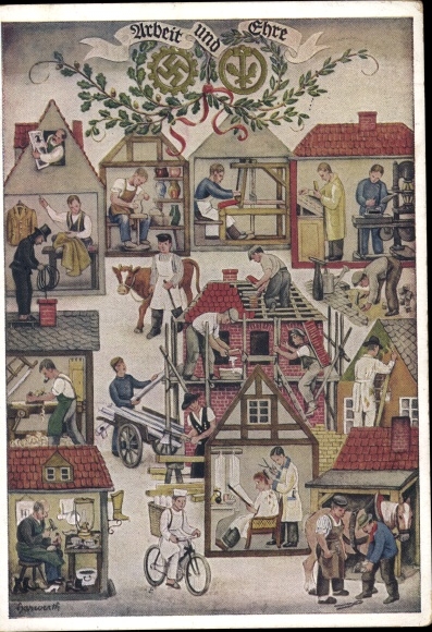 Künstler Ak Reichshandwerkertag 1936, Arbeit und Ehre, Friseur, Bäcker, Töpfer, Schornsteinfeger