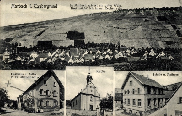 Ansichtkaart Marbach Lauda Königshofen in Tauberfranken, panorama, Gasthaus zum Adler, kerk, school, gemeentehuis