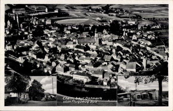 Postcard Cham in the Upper Palatinate, aerial photograph, steam saw and planing mill Andreas Ried