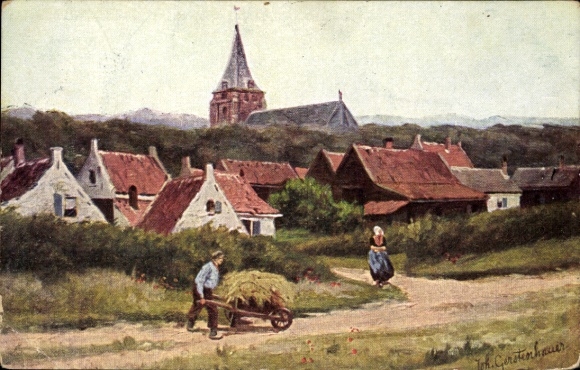 Artist PC Gerstenhauer, JG, Dutch village motif, man with hay cart, church