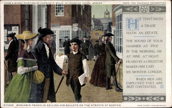 Postcard Boston Massachusetts USA, Benjamin Franklin sells his ballots in the street