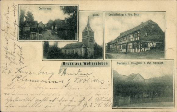Ak Wollersleben Bleicherode am Harz, Dorfstraße, Kirche, Geschäftshaus, Gasthaus z. Königgrätz
